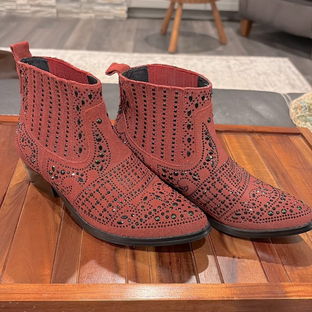 Bibi Lou Red (dark) Suede Boots with Black Sequins​
